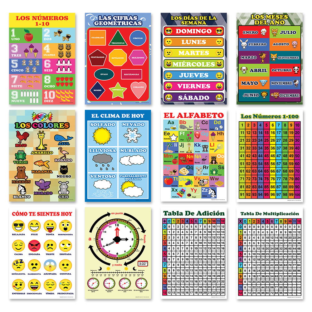 Spanish English Bilingual Numbers, Colors, Days of the Week, Months Educational Posters (24-Pack)