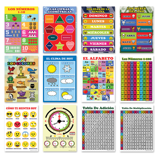 Spanish English Bilingual Numbers, Colors, Days of the Week, Months Educational Posters (12-Pack)