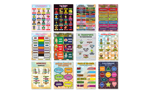 Spanish Vocabulary English Bilingual Educational Learning Posters (12-Pack)