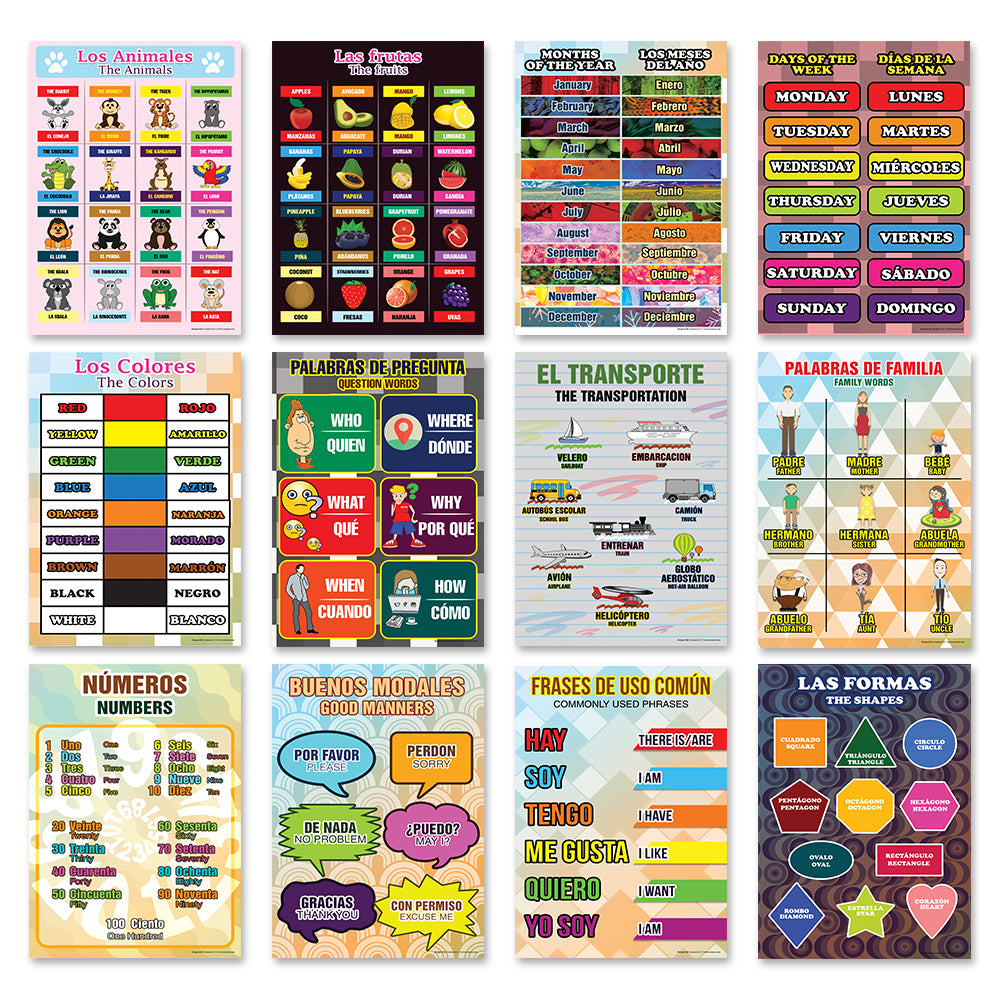 Spanish Vocabulary English Bilingual Educational Learning Posters (24-Pack)