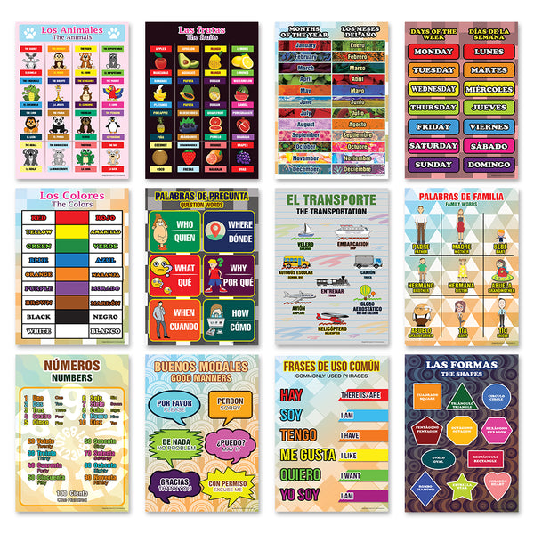 Spanish Vocabulary English Bilingual Educational Learning Posters (12-Pack)