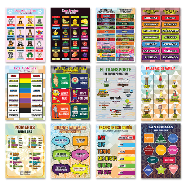 Spanish Vocabulary English Bilingual Educational Learning Posters (6-Pack)
