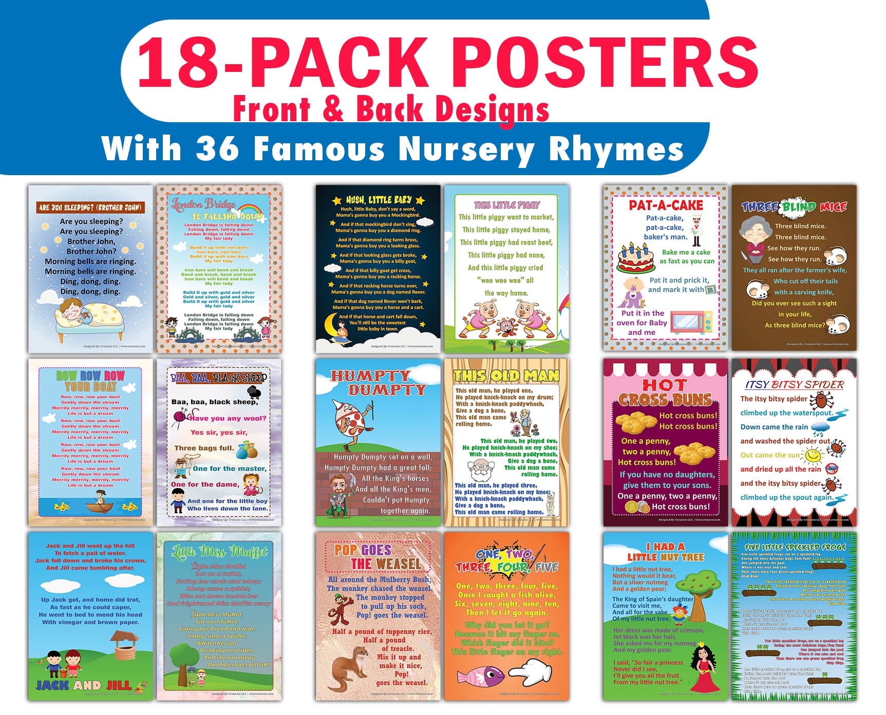 Kindergarten Nursery Rhymes Series Educational Posters Series 1 , 2 & 3 Sets (18-Pack Front & Back with 36 Popular Songs)