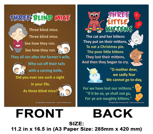 Kindergarten Nursery Rhymes Series Educational Posters Series 1 , 2 & 3 Sets (18-Pack Front & Back with 36 Popular Songs)