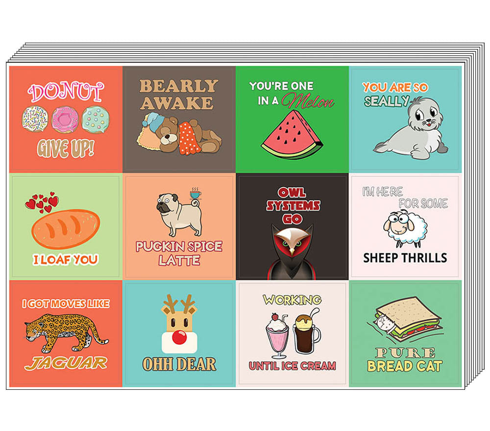 Creanoso Silly Funny Puns Stickers (10-Sheet) Ã¢â‚¬â€œ Total 120 pcs (10 X 12pcs) Individual Small Size 2.1 x 2. Inches , Waterproof, Unique Personalized Themes Designs, Any Flat Surface DIY Decoration Art Decal for Boys & Girls, Children, Teens