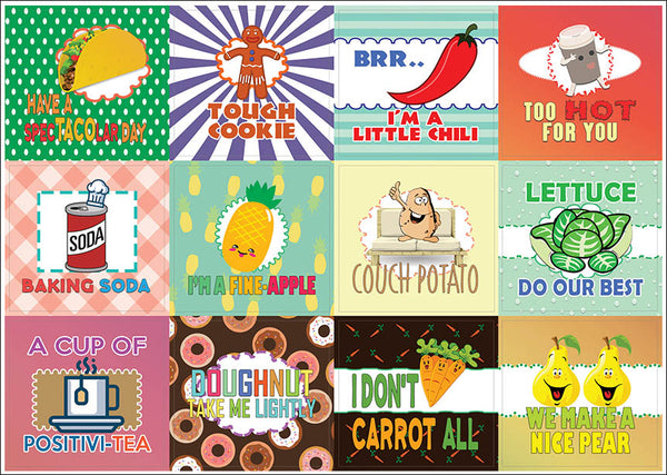 Creanoso Funny Foods Puns Stickers (10-Sheet) Ã¢â‚¬â€œ Total 120 pcs (10 X 12pcs) Individual Small Size 2.1 x 2. Inches , Waterproof, Unique Personalized Themes Designs, Any Flat Surface DIY Decoration Art Decal for Boys & Girls, Children, Teens