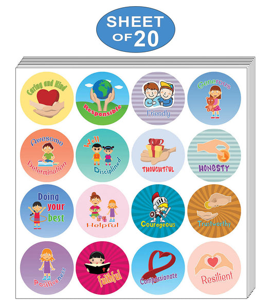 Creanoso Character Value Merit Stickers (20-Sheet) â€“ Gift Giveaways Stickers for Kids â€“ Awesome Stocking Stuffers Gifts for Boys & Girls, Teens â€“ Wall Table Surface DÃ©cor Art Decal â€“ Rewards Incentive