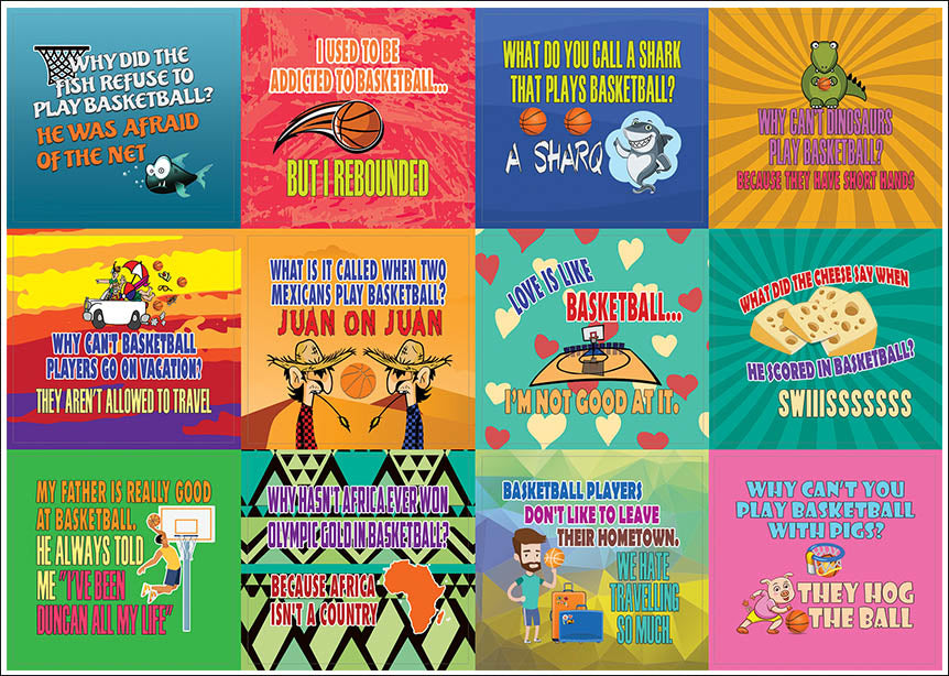 Creanoso Funny Stickers â€“ Playing Basketball Sports Jokes (20-Sheets) â€“ Great Learning Wall Art Decal Stickers â€“ Stocking Stuffers Gifts for Basketball Players, Men, Teens, Athletes â€“ Sticky Giveaways