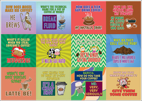 Creanoso Funny Coffee Puns Jokes Stickers (10-Sheet) Ã¢â‚¬â€œ Total 120 pcs (10 X 12pcs) Individual Small Size 2.1 x 2. Inches , Unique Designs DIY Decoration Art Decal for Children