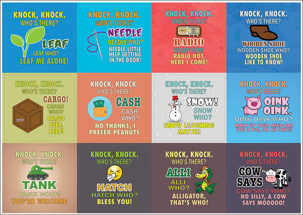 Creanoso Funny Knock-Knock Puns Jokes Stickers (10-Sheet) Ã¢â‚¬â€œ Total 120 pcs (10 X 12pcs) Individual Small Size 2.1 x 2. Inches , Waterproof, Unique Personalized Themes Designs, Any Flat Surface DIY Decoration Art Decal for Boys & Girls, Children, Tee