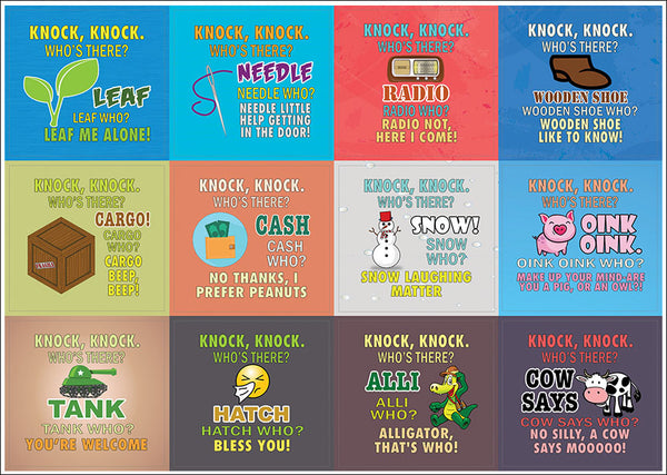 Creanoso Funny Knock-Knock Puns Jokes Stickers (10-Sheet) Ã¢â‚¬â€œ Total 120 pcs (10 X 12pcs) Individual Small Size 2.1 x 2. Inches , Waterproof, Unique Personalized Themes Designs, Any Flat Surface DIY Decoration Art Decal for Boys & Girls, Children, Tee