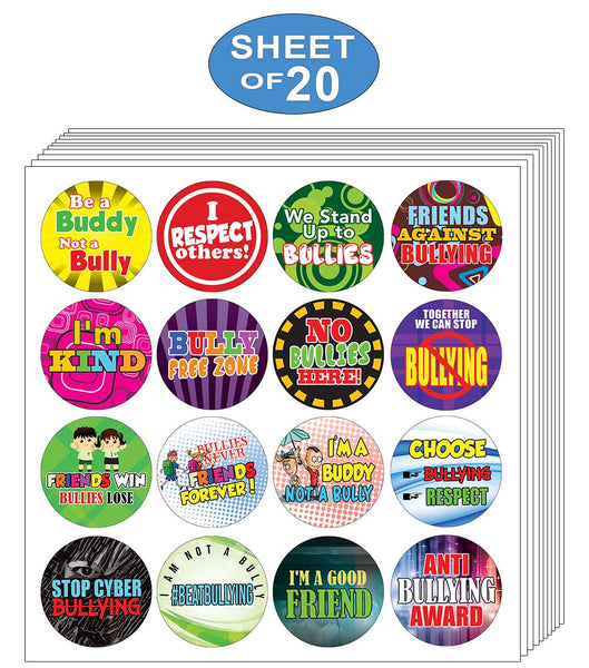 Creanoso Anti Bullying Stickers for Kids (20-sheet) - Assorted Designs for Children - Classroom Reward Incentives for Students - Stocking Stuffers