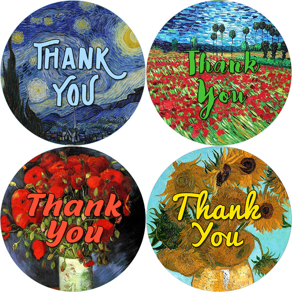 Creanoso Van Gogh Thank You Stickers (20-Sheet) - Assorted Bulk Thank You Stickers for Events - Gifts Token Ideas for Men, Women, Adults - Sixteen Round Shape Designs