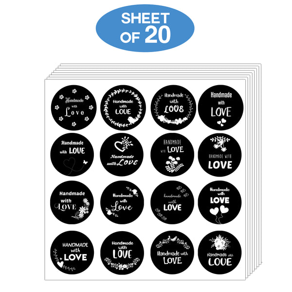 Creanoso Handmade with Love Stickers - Black and White (20-Sheet) - Assorted Bulk Pack - Gift Ideas for Men Women Boys Girls - Love Appreciation for Family, Relatives, and Friends
