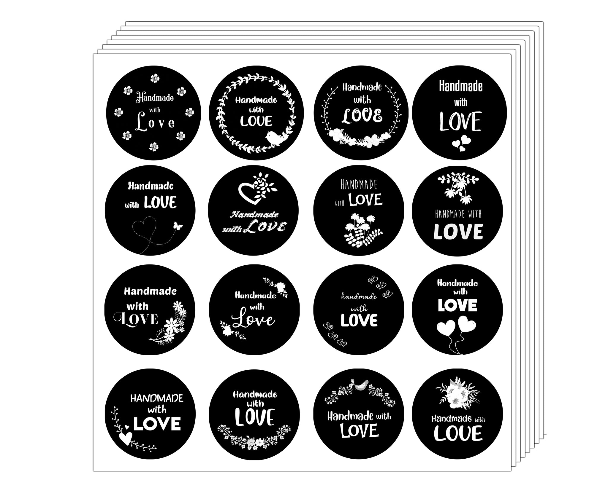 Creanoso Handmade with Love Stickers - Black and White (20-Sheet) - Assorted Bulk Pack - Gift Ideas for Men Women Boys Girls - Love Appreciation for Family, Relatives, and Friends