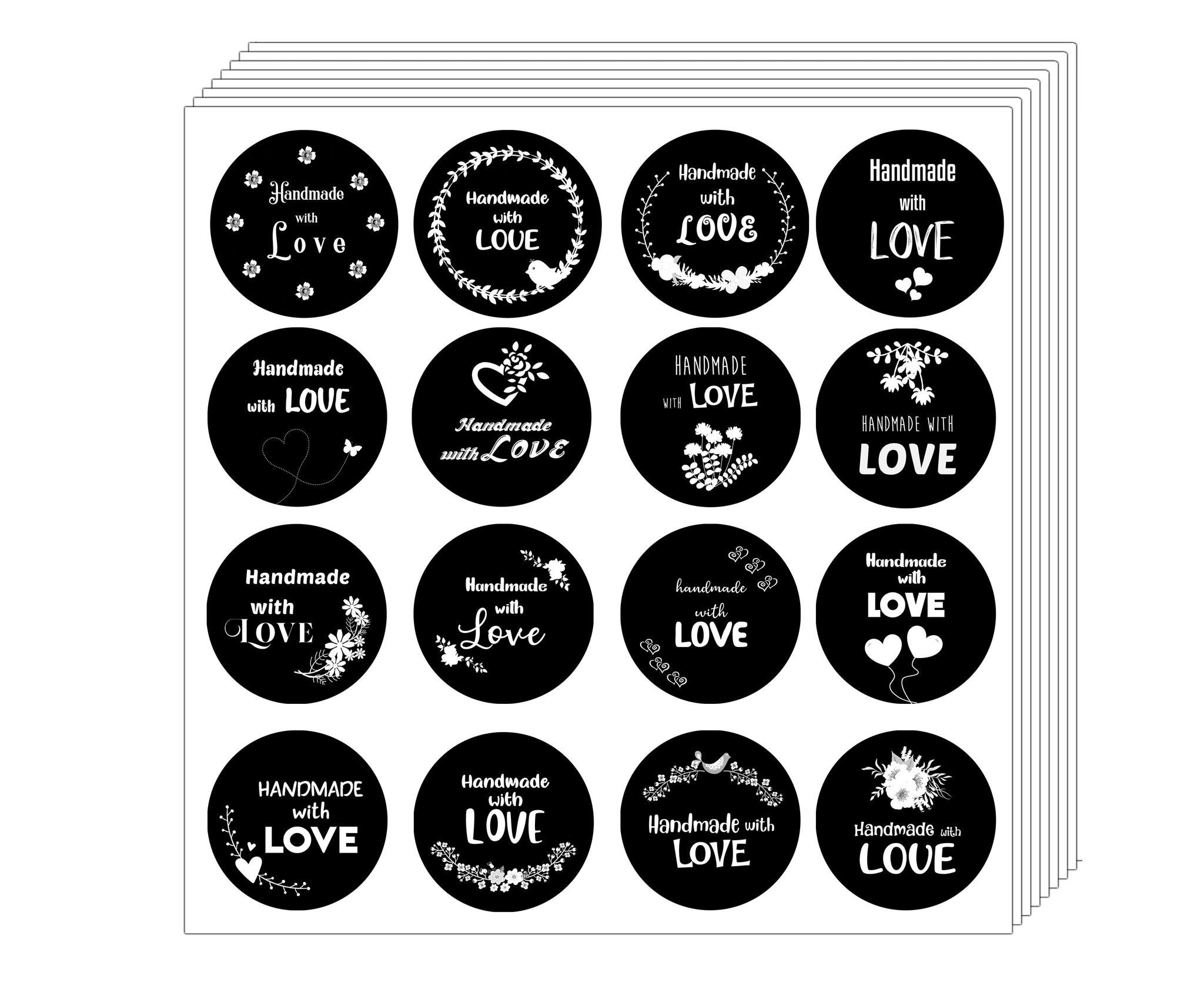 Creanoso Handmade with Love Stickers - Black and White (20-Sheet) - Assorted Bulk Pack - Gift Ideas for Men Women Boys Girls - Love Appreciation for Family, Relatives, and Friends