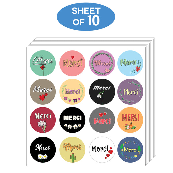 Creanoso Merci Stickers (10-Sheet) - Perfect Gift Ideas and Business Giveaways - Party Favors and School Classroom Incentives - 16 Assorted Unique Designs
