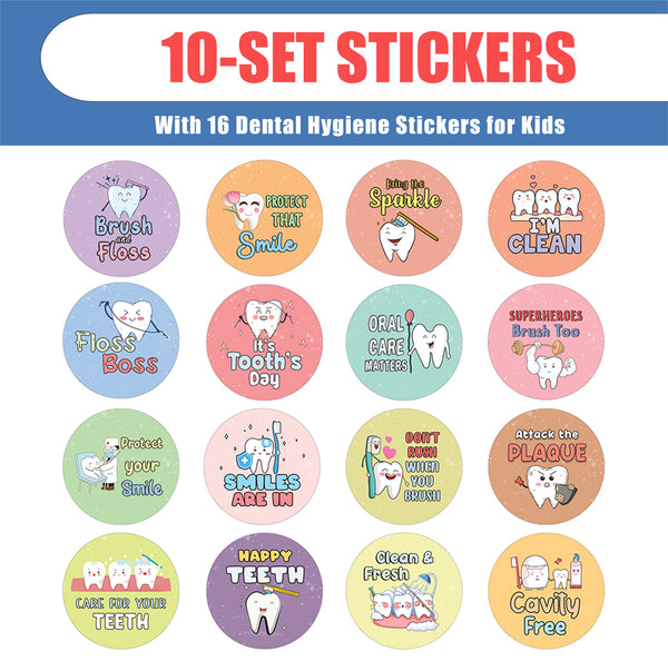 Dental Hygiene Stickers for Kids (10 Set X 16 Designs)