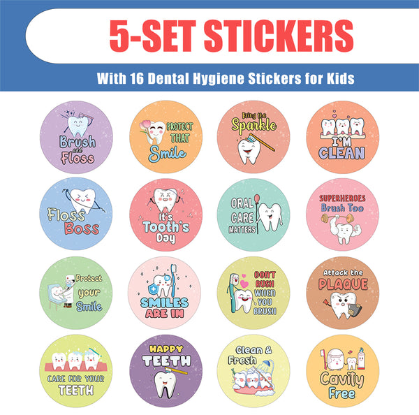 Dental Hygiene Stickers for Kids (5 Set X 16 Designs)