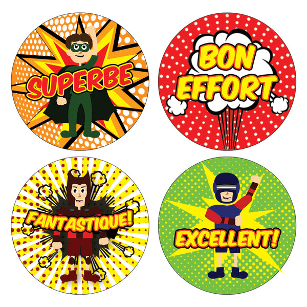 Creanoso Kids French Reward Stickers - Superhero Comic (20-Sheet) Ã¢â‚¬â€œ Colorful Educational Stickers Ã¢â‚¬â€œ Awesome Stocking Stuffers Gifts for Boys, Girls, Teens Ã¢â‚¬â€œ Cool Wall Art Table DÃƒÂ©cor