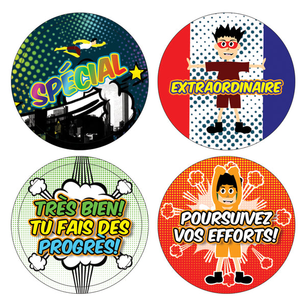 Creanoso Kids French Reward Stickers - Superhero Comic (20-Sheet) Ã¢â‚¬â€œ Colorful Educational Stickers Ã¢â‚¬â€œ Awesome Stocking Stuffers Gifts for Boys, Girls, Teens Ã¢â‚¬â€œ Cool Wall Art Table DÃƒÂ©cor