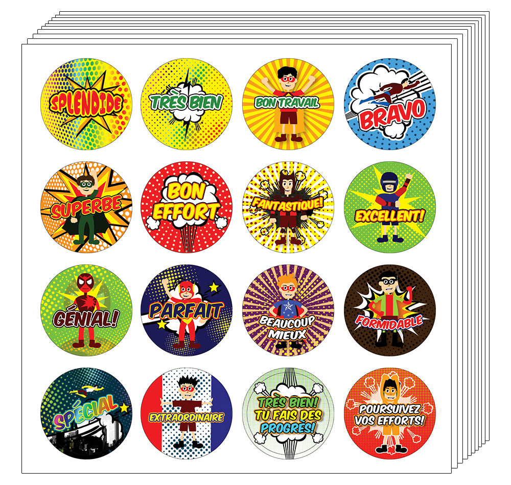 Kids French Reward Stickers - Superhero Comic - Colorful Educational Stickers Ã¢â‚¬â€œ Awesome Stocking Stuffers Gifts for Boys, Girls, Teens