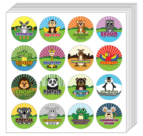 Creanoso French Animals Praise Words Rewards Stickers for Kids (10-Sheets) Ã¢â‚¬â€œ Great Learning Wall Art Decal Stickers Ã¢â‚¬â€œ Stocking Stuffers Gifts for Kids, Boys, Girls Ã¢â‚¬â€œ Unique Sticky Cards Token Giveaway