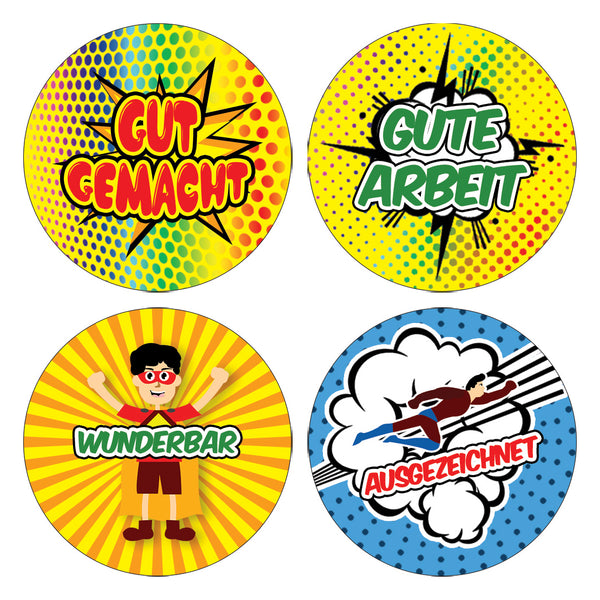 Kids German Reward Stickers - Superhero Comic - Awesome Stocking Stuffers Gifts for Boys & Girls, Children, Teens