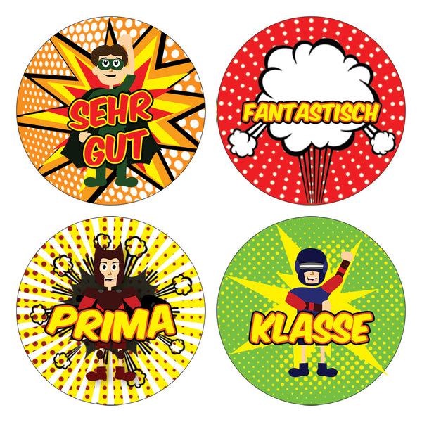Kids German Reward Stickers - Superhero Comic - Awesome Stocking Stuffers Gifts for Boys & Girls, Children, Teens