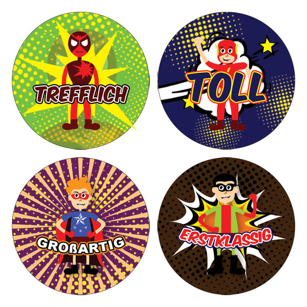 Kids German Reward Stickers - Superhero Comic - Awesome Stocking Stuffers Gifts for Boys & Girls, Children, Teens