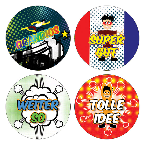 Kids German Reward Stickers - Superhero Comic - Awesome Stocking Stuffers Gifts for Boys & Girls, Children, Teens