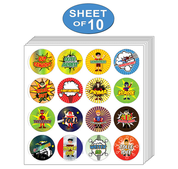 Kids German Reward Stickers - Superhero Comic - Awesome Stocking Stuffers Gifts for Boys & Girls, Children, Teens