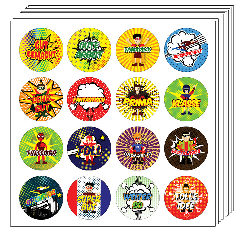 Creanoso Kids German Reward Stickers - Superhero Comic (20-Sheet) Ã¢â‚¬â€œ Inspiring Reading Words Wall Stickers Set Ã¢â‚¬â€œ Gift Rewards Ideas for Boys, Girls Ã¢â‚¬â€œ Parent Teachers Incentives Ã¢â‚¬â€œ Party Supplies