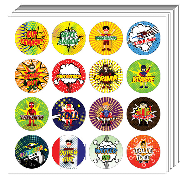 Creanoso Kids German Reward Stickers - Superhero Comic (20-Sheet) Ã¢â‚¬â€œ Inspiring Reading Words Wall Stickers Set Ã¢â‚¬â€œ Gift Rewards Ideas for Boys, Girls Ã¢â‚¬â€œ Parent Teachers Incentives Ã¢â‚¬â€œ Party Supplies