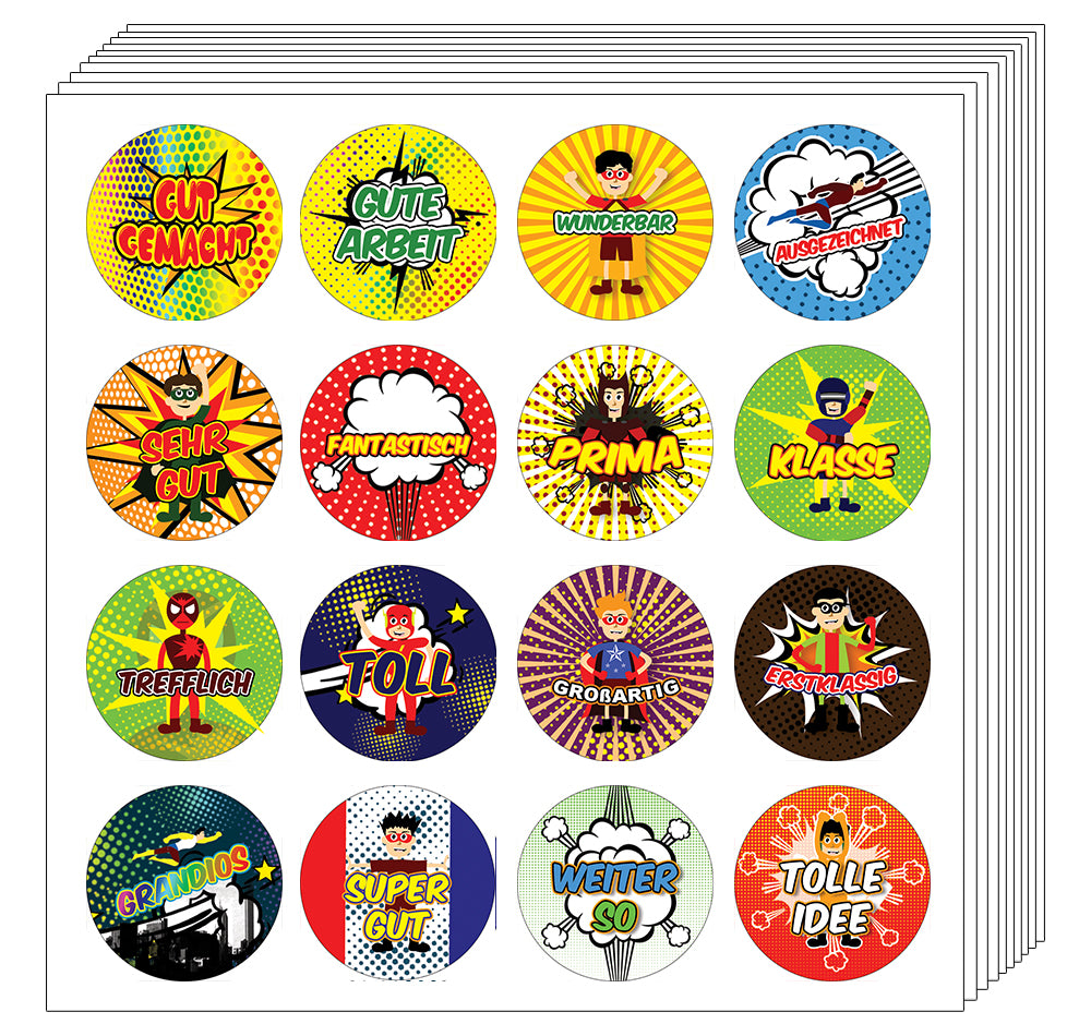 Kids German Reward Stickers - Superhero Comic - Awesome Stocking Stuffers Gifts for Boys & Girls, Children, Teens