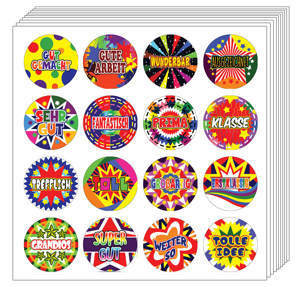Creanoso German Praise Words Rewards Stickers for Kids (20-Sheets) Ã¢â‚¬â€œ Great Learning Wall Art Decal Stickers Ã¢â‚¬â€œ Stocking Stuffers Gifts for Kids, Boys, Girls Ã¢â‚¬â€œ Unique Sticky Cards Token Giveaways