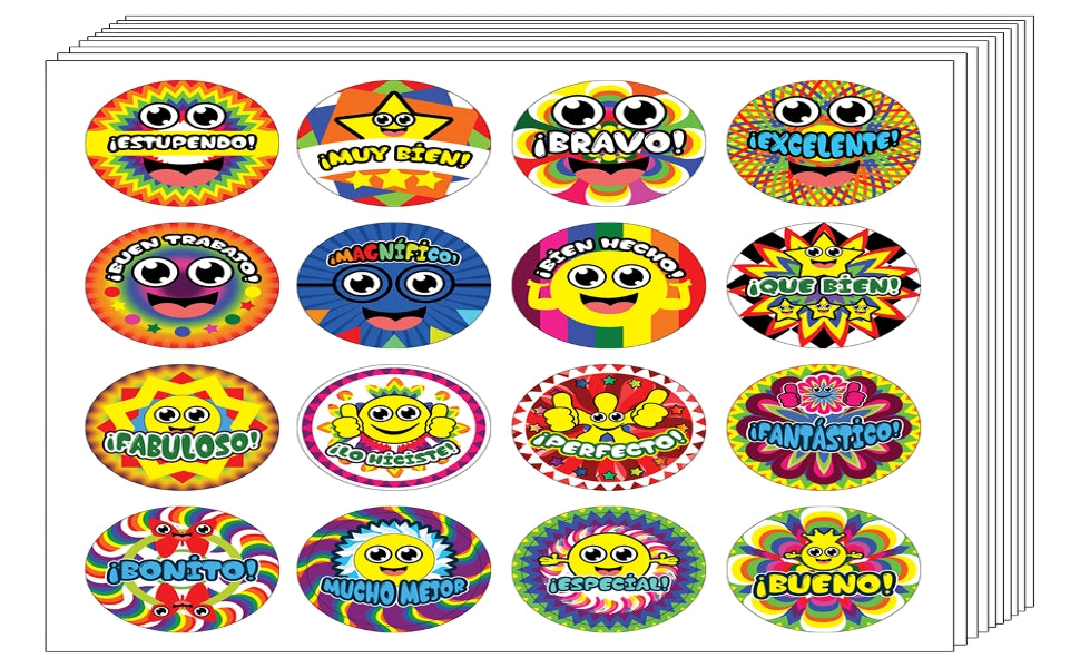 Spanish Happy Reward Stickers (20-Sheet) - Stocking Stuffers Premium Quality Gifts for Children, Teens, Adults - Corporate Giveaways & Party Favors