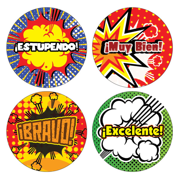 Creanoso Spanish Comic Praise Stickers (5-Sheet) - Classroom Reading Rewards and Incentive Gifts