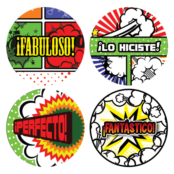 Creanoso Spanish Comic Praise Stickers (5-Sheet) - Classroom Reading Rewards and Incentive Gifts