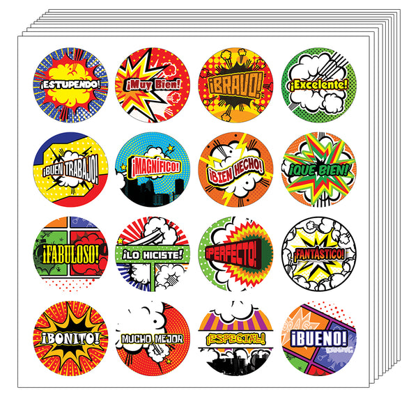 Creanoso Spanish Comic Praise Stickers (5-Sheet) - Classroom Reading Rewards and Incentive Gifts