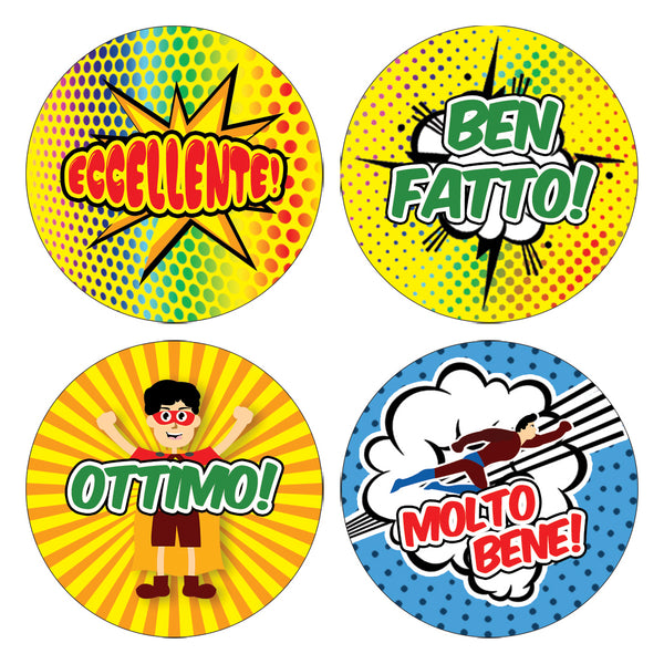 Creanoso Kids Italian Merit Reward Stickers - Superhero Comic (20-Sheets) Ã¢â‚¬â€œ Great Encouragement Gifts for Children Ã¢â‚¬â€œ Unique Stocking Stuffers for Children, Boys, Girls Ã¢â‚¬â€œ Cool Wall Art Decal DÃƒÂ©cor