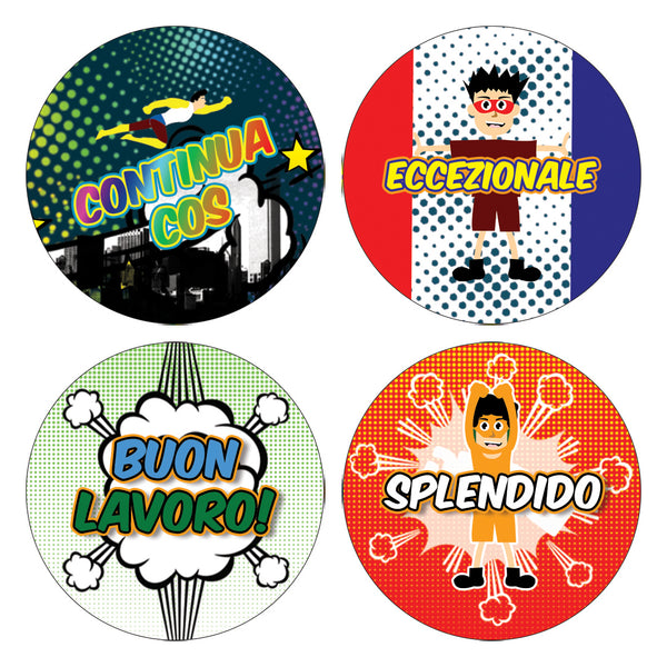 Creanoso Kids Italian Merit Reward Stickers - Superhero Comic (20-Sheets) Ã¢â‚¬â€œ Great Encouragement Gifts for Children Ã¢â‚¬â€œ Unique Stocking Stuffers for Children, Boys, Girls Ã¢â‚¬â€œ Cool Wall Art Decal DÃƒÂ©cor