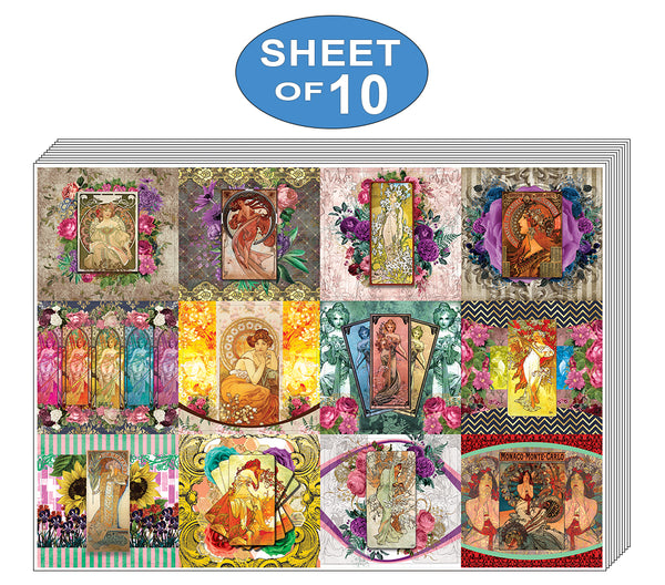 Creanoso Alphonse Mucha Art Stickers (10-Sheet) â€“ Total 120 pcs (10 X 12pcs) Individual Small Size 2.1 x 2. Inches , Unique Designs DIY Decoration Art Decal for Children