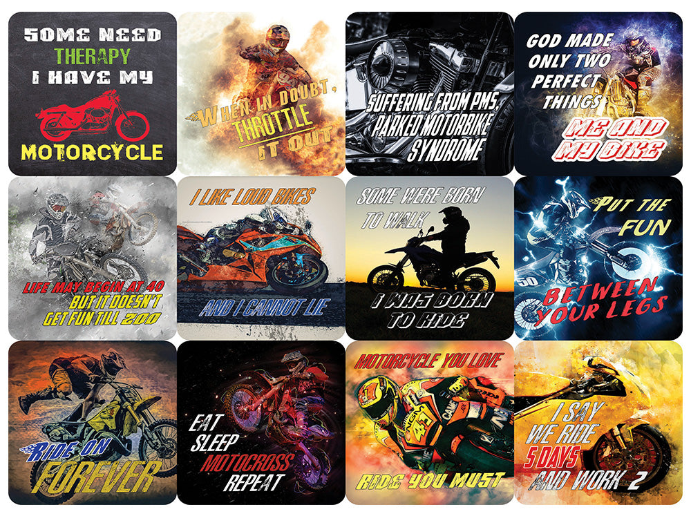 Creanoso Funny Motorcycle Sayings Vinyl PVC Stickers (6-Sheets) - Medium A6 Size approx. 4 x 4 inches DIY decoration decal for any flat surface laptops, skateboards, luggage, cars, bumpers, bikes