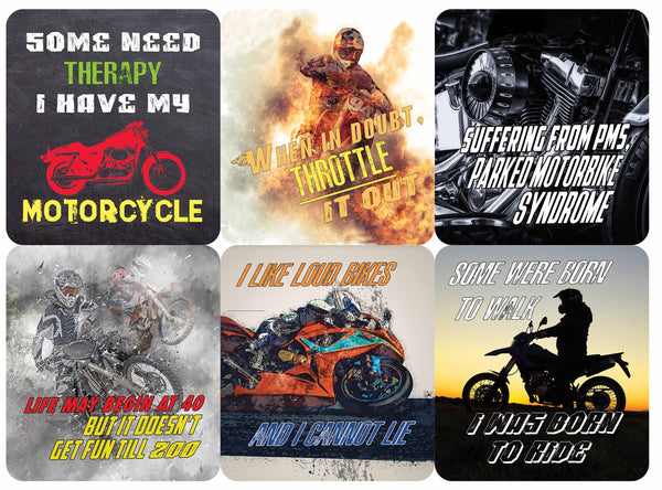 Creanoso Funny Motorcycle Sayings Vinyl PVC Stickers (6-Sheets) - Medium A6 Size approx. 4 x 4 inches DIY decoration decal for any flat surface laptops, skateboards, luggage, cars, bumpers, bikes