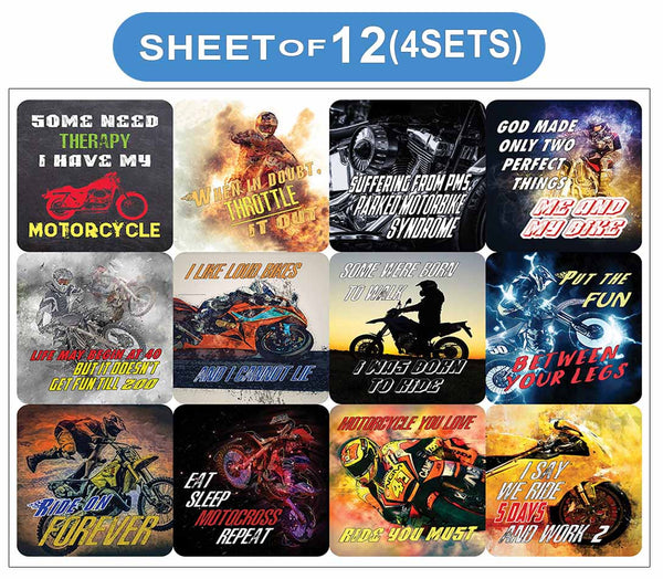 Creanoso Funny Motorcycle Sayings Vinyl PVC Stickers (12-Sheets) - Medium A6 Size approx. 4 x 4 inches DIY decoration decal for any flat surface laptops, skateboards, luggage, cars, bumpers, bikes