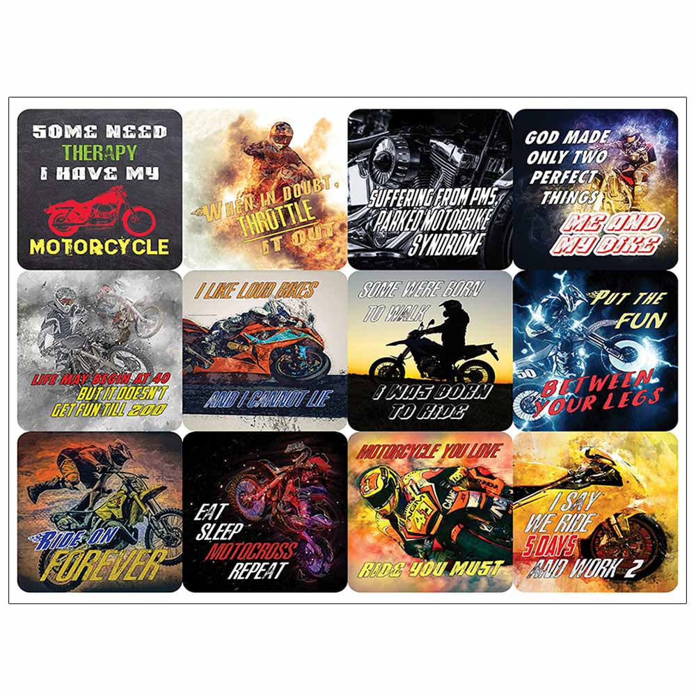 Creanoso Funny Motorcycle Sayings Vinyl PVC Stickers (12-Sheets) - Medium A6 Size approx. 4 x 4 inches DIY decoration decal for any flat surface laptops, skateboards, luggage, cars, bumpers, bikes