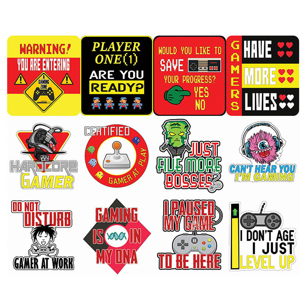 Creanoso Gaming Fun Sayings Vinyl PVC Stickers (12-Sheets) - Medium A6 Size approx. 4 x 4 inches DIY decoration decal for any flat surface laptops, skateboards, luggage, cars, bumpers, bikes, bicycles