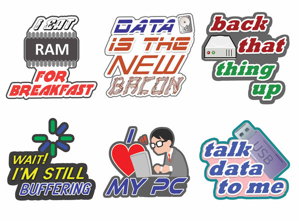 Creanoso Fun Technology Sayings Vinyl PVC Stickers (6-Sheets) - Medium A6 Size approx. 4 x 4 inches DIY decoration decal for any flat surface laptops, skateboards, luggage, cars, bumpers, bikes