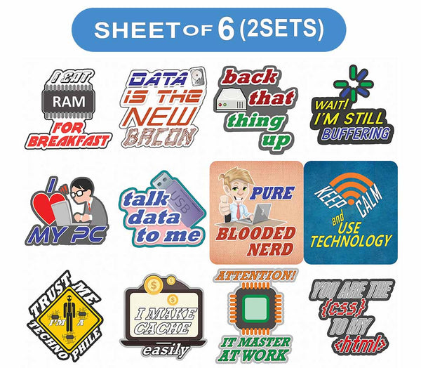 Creanoso Fun Technology Sayings Vinyl PVC Stickers (6-Sheets) - Medium A6 Size approx. 4 x 4 inches DIY decoration decal for any flat surface laptops, skateboards, luggage, cars, bumpers, bikes